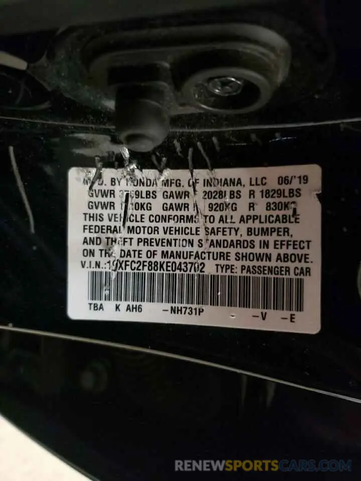 12 Photograph of a damaged car 19XFC2F88KE043702 HONDA CIVIC 2019