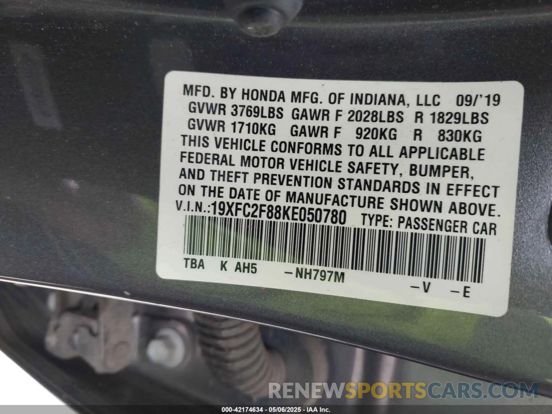 9 Photograph of a damaged car 19XFC2F88KE050780 HONDA CIVIC 2019