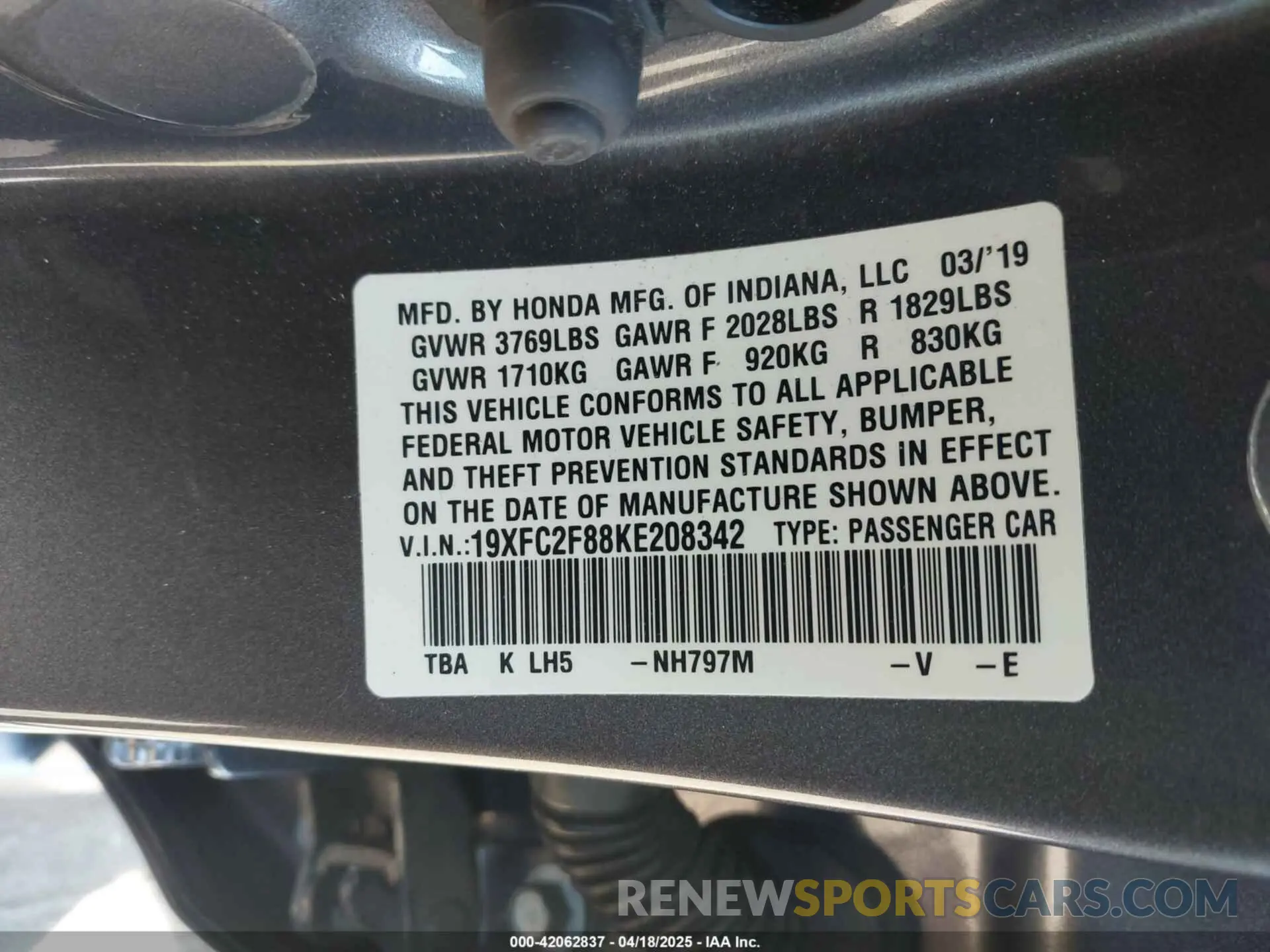 9 Photograph of a damaged car 19XFC2F88KE208342 HONDA CIVIC 2019