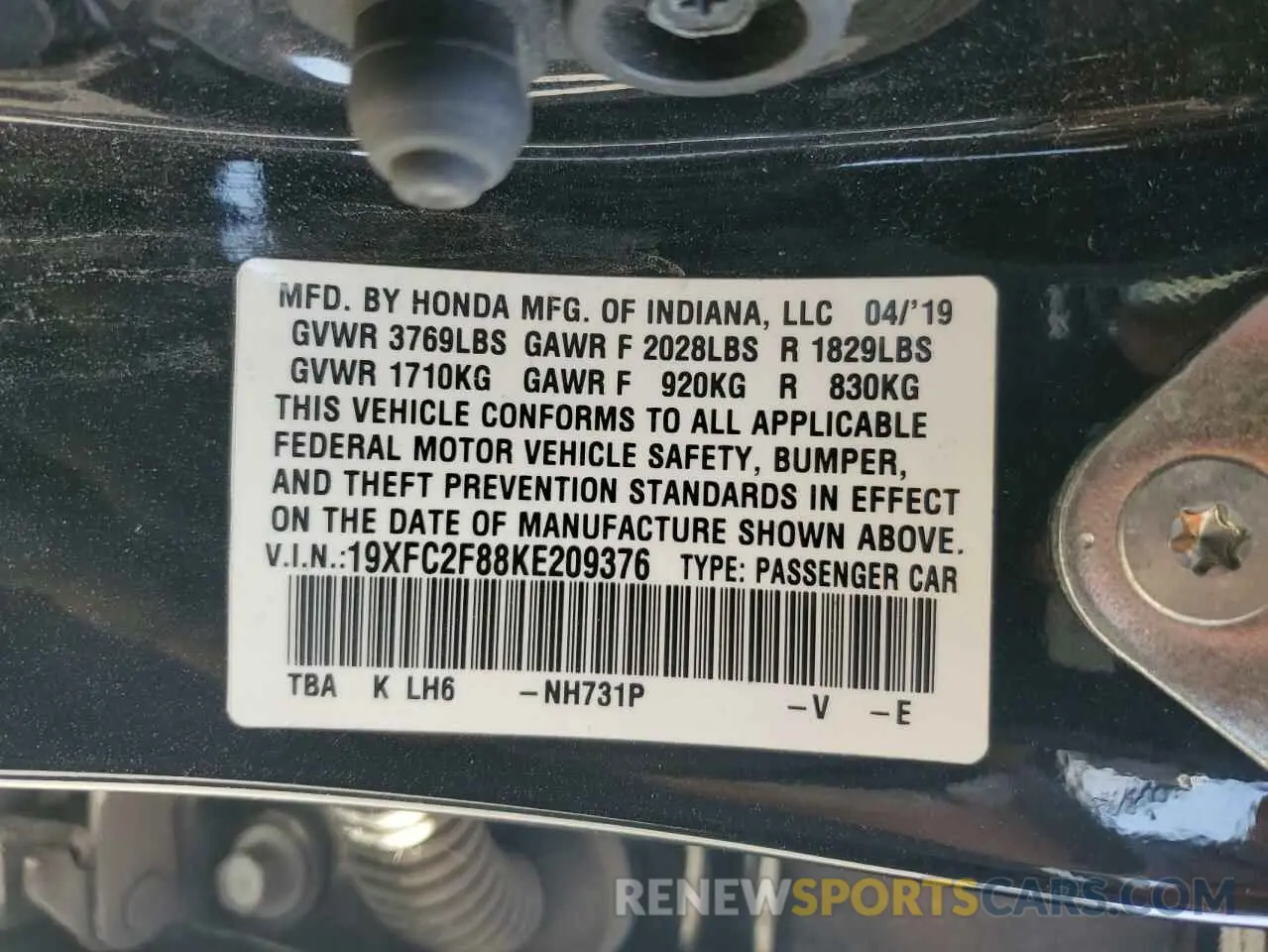 12 Photograph of a damaged car 19XFC2F88KE209376 HONDA CIVIC 2019