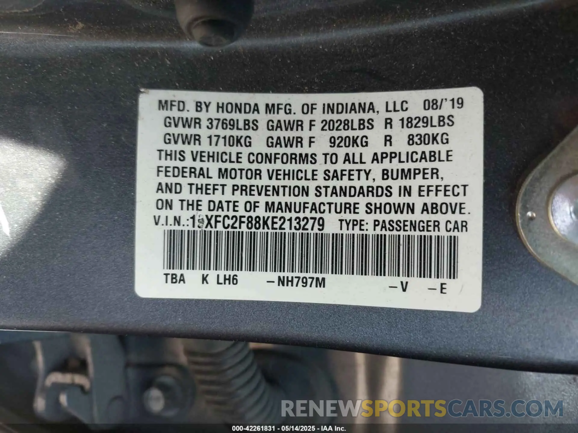 9 Photograph of a damaged car 19XFC2F88KE213279 HONDA CIVIC 2019