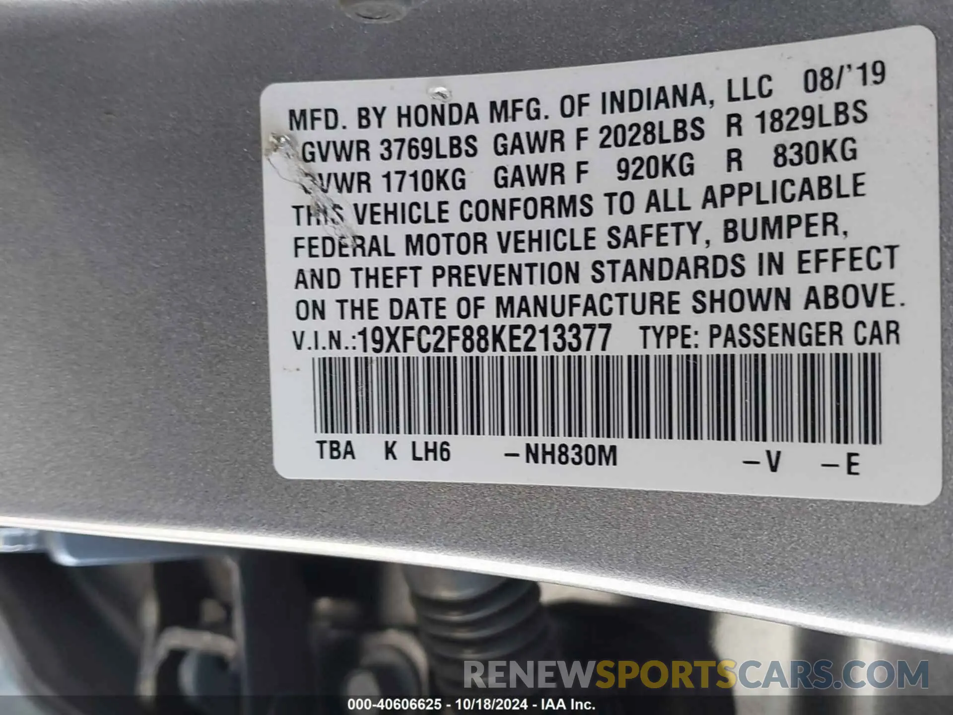 9 Photograph of a damaged car 19XFC2F88KE213377 HONDA CIVIC 2019