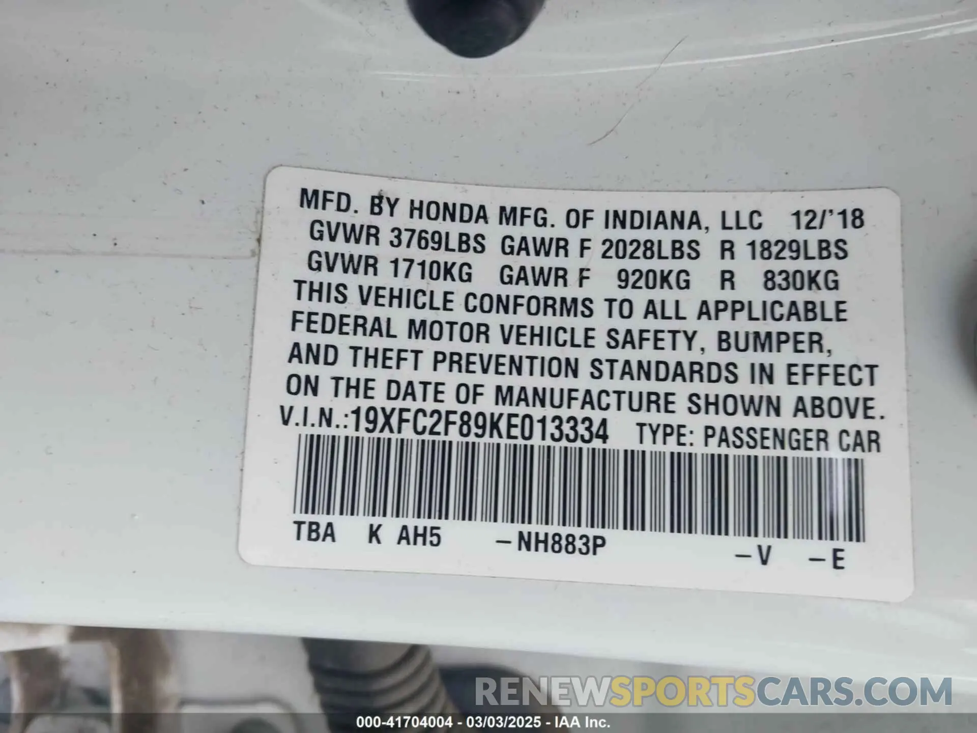 9 Photograph of a damaged car 19XFC2F89KE013334 HONDA CIVIC 2019