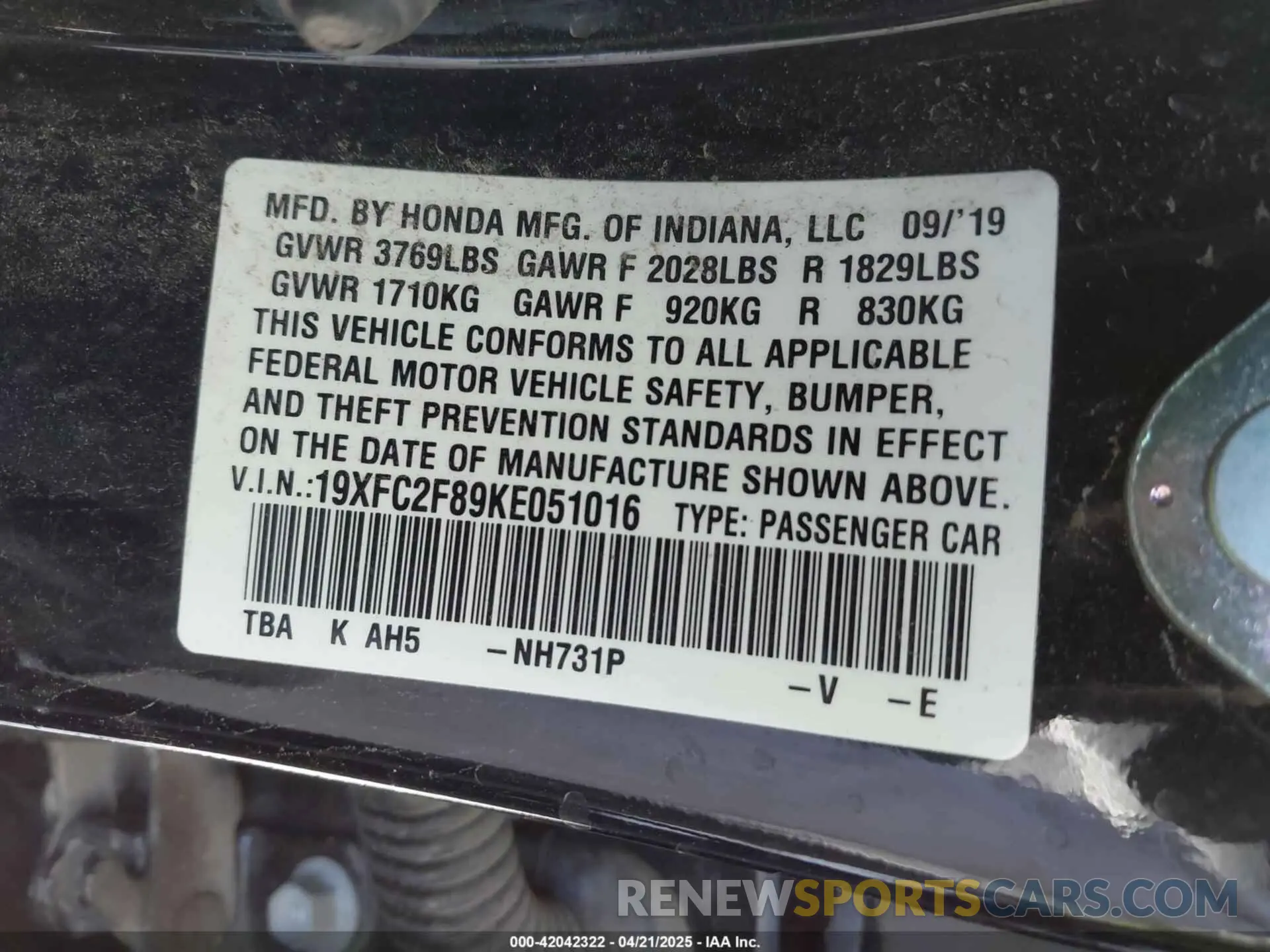 9 Photograph of a damaged car 19XFC2F89KE051016 HONDA CIVIC 2019