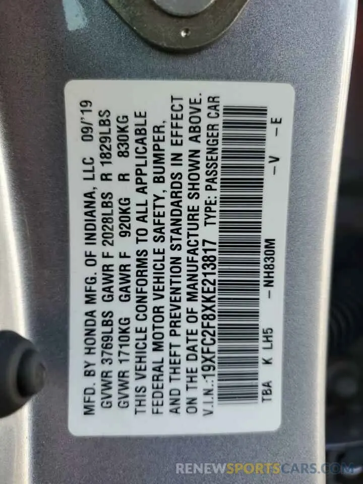 12 Photograph of a damaged car 19XFC2F8XKE213817 HONDA CIVIC 2019