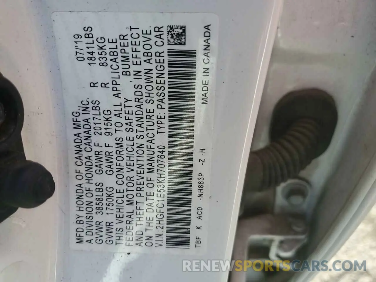 12 Photograph of a damaged car 2HGFC1E53KH707640 HONDA CIVIC 2019