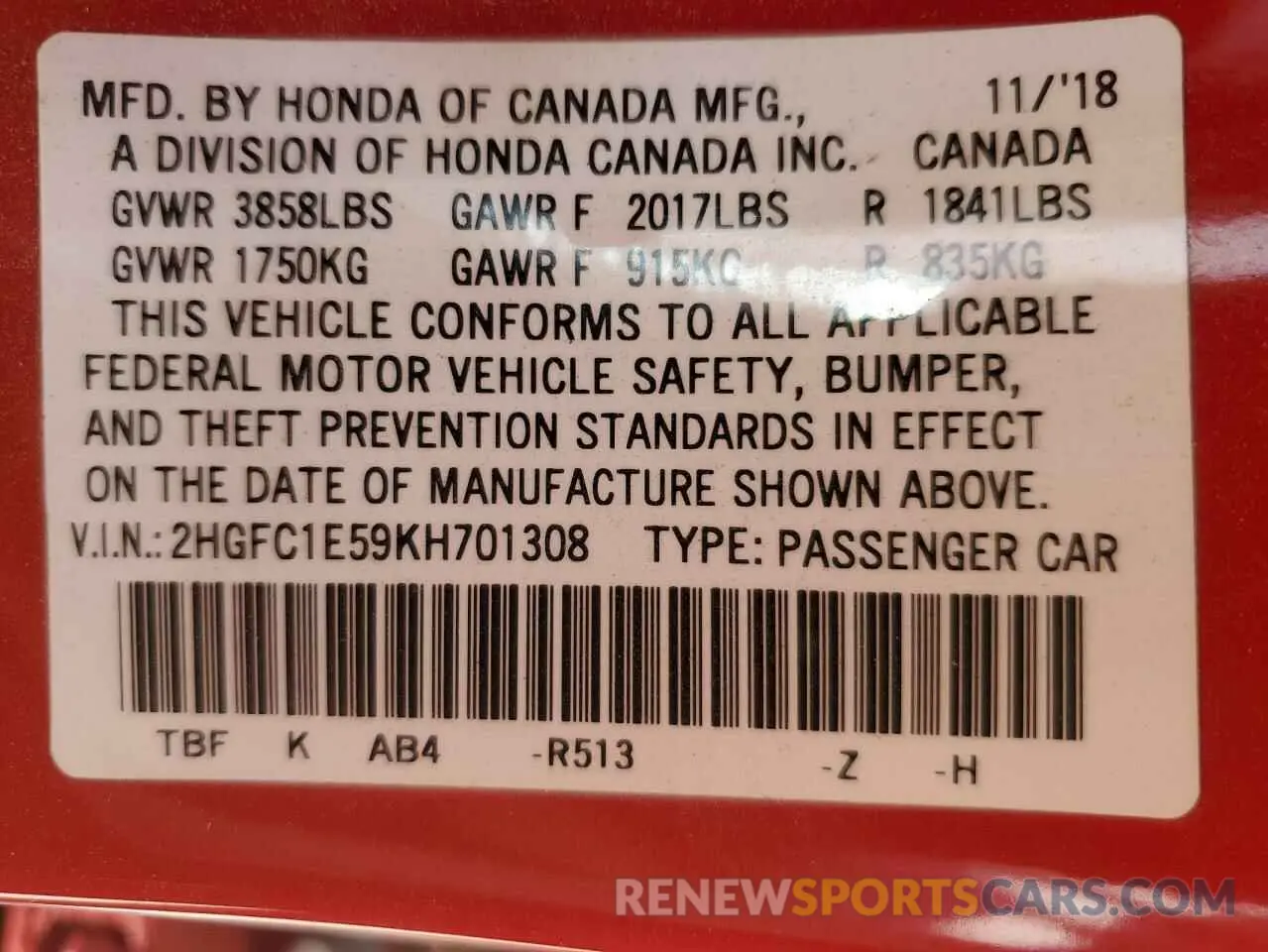 13 Photograph of a damaged car 2HGFC1E59KH701308 HONDA CIVIC 2019