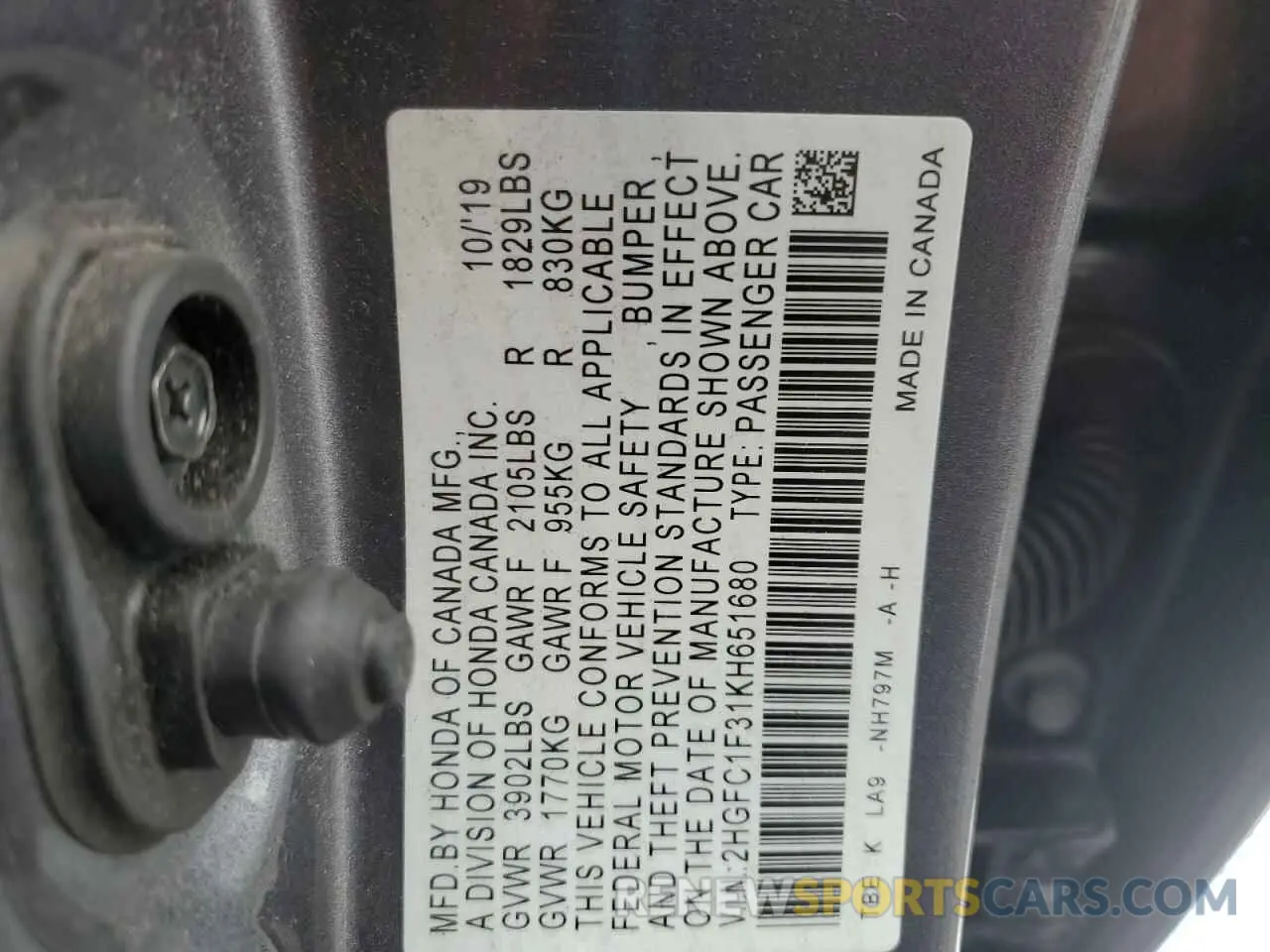 12 Photograph of a damaged car 2HGFC1F31KH651680 HONDA CIVIC 2019