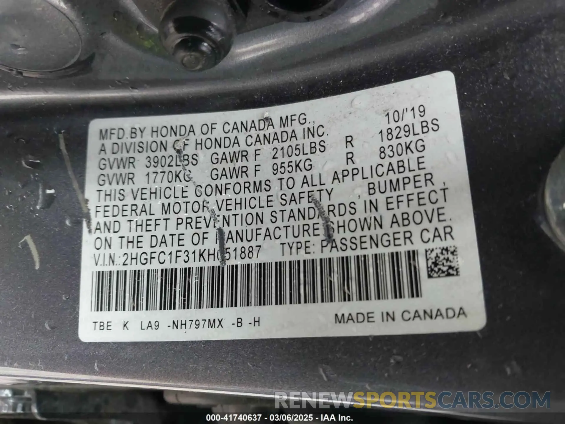 9 Photograph of a damaged car 2HGFC1F31KH651887 HONDA CIVIC 2019