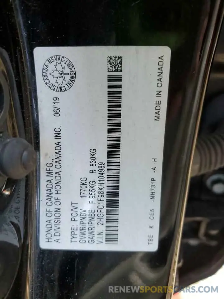 12 Photograph of a damaged car 2HGFC1F98KH104989 HONDA CIVIC 2019