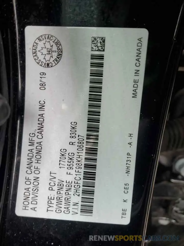 12 Photograph of a damaged car 2HGFC1F98KH106807 HONDA CIVIC 2019