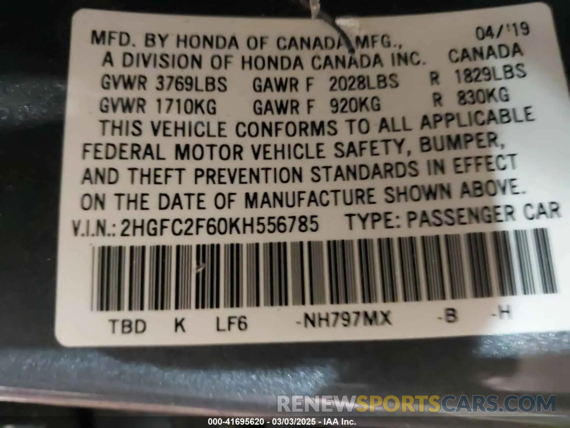9 Photograph of a damaged car 2HGFC2F60KH556785 HONDA CIVIC 2019