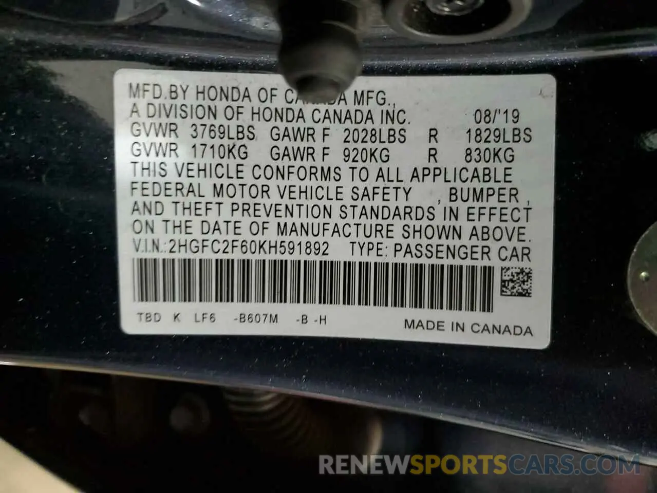 13 Photograph of a damaged car 2HGFC2F60KH591892 HONDA CIVIC 2019