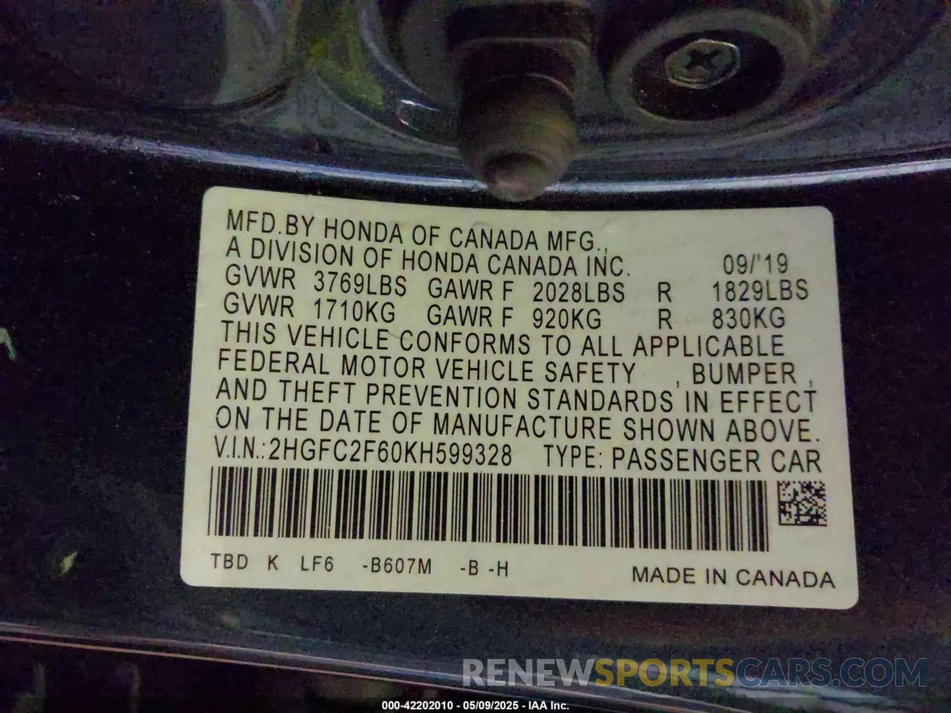 9 Photograph of a damaged car 2HGFC2F60KH599328 HONDA CIVIC 2019