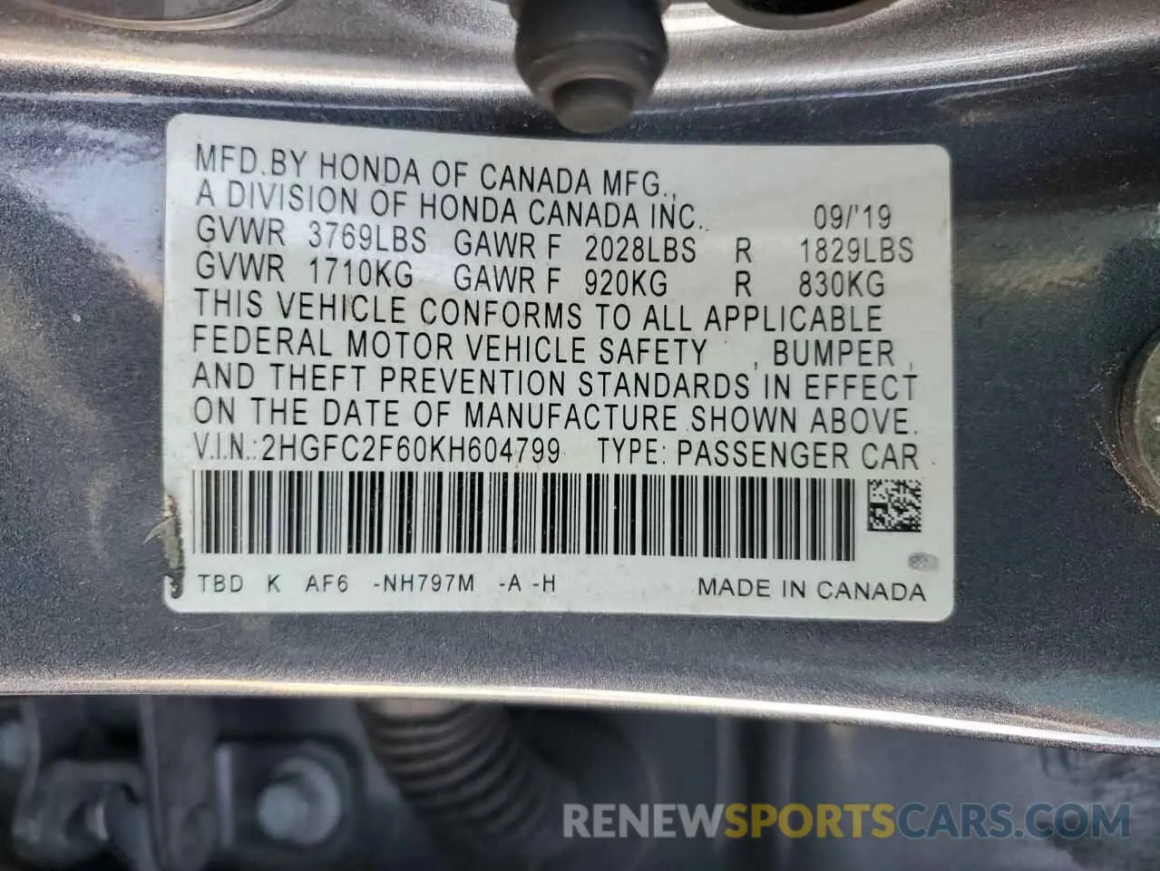 13 Photograph of a damaged car 2HGFC2F60KH604799 HONDA CIVIC 2019