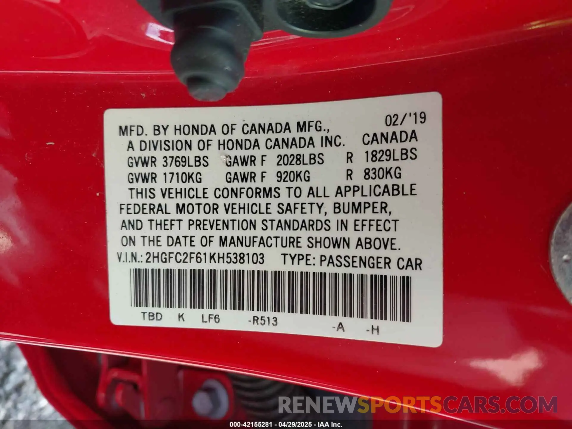 9 Photograph of a damaged car 2HGFC2F61KH538103 HONDA CIVIC 2019