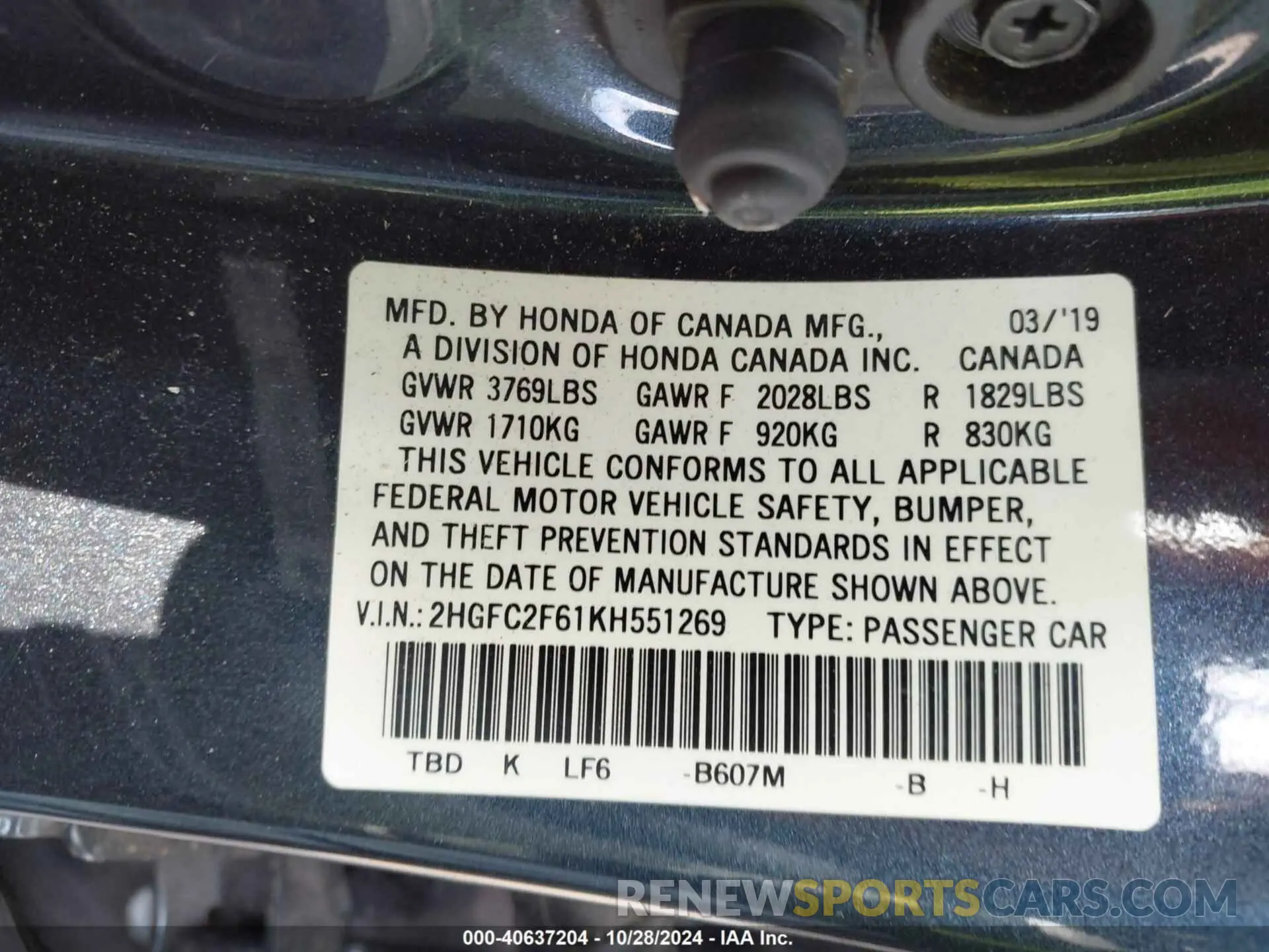 9 Photograph of a damaged car 2HGFC2F61KH551269 HONDA CIVIC 2019