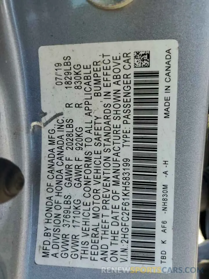 12 Photograph of a damaged car 2HGFC2F61KH583199 HONDA CIVIC 2019