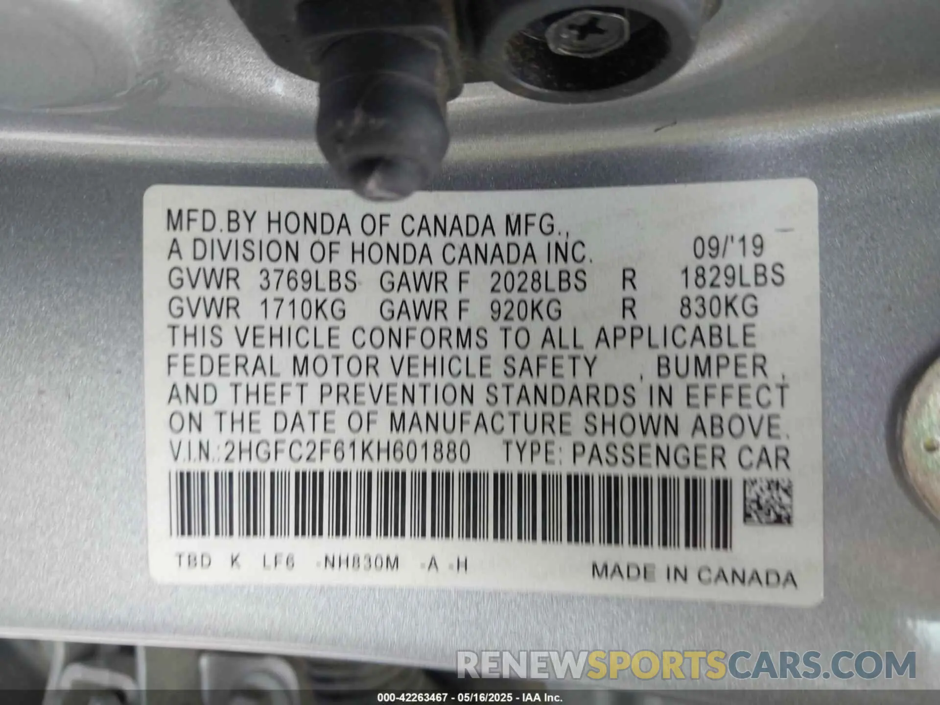 9 Photograph of a damaged car 2HGFC2F61KH601880 HONDA CIVIC 2019