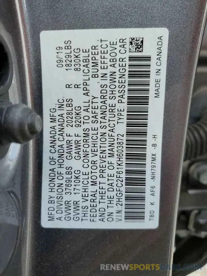 12 Photograph of a damaged car 2HGFC2F61KH603872 HONDA CIVIC 2019