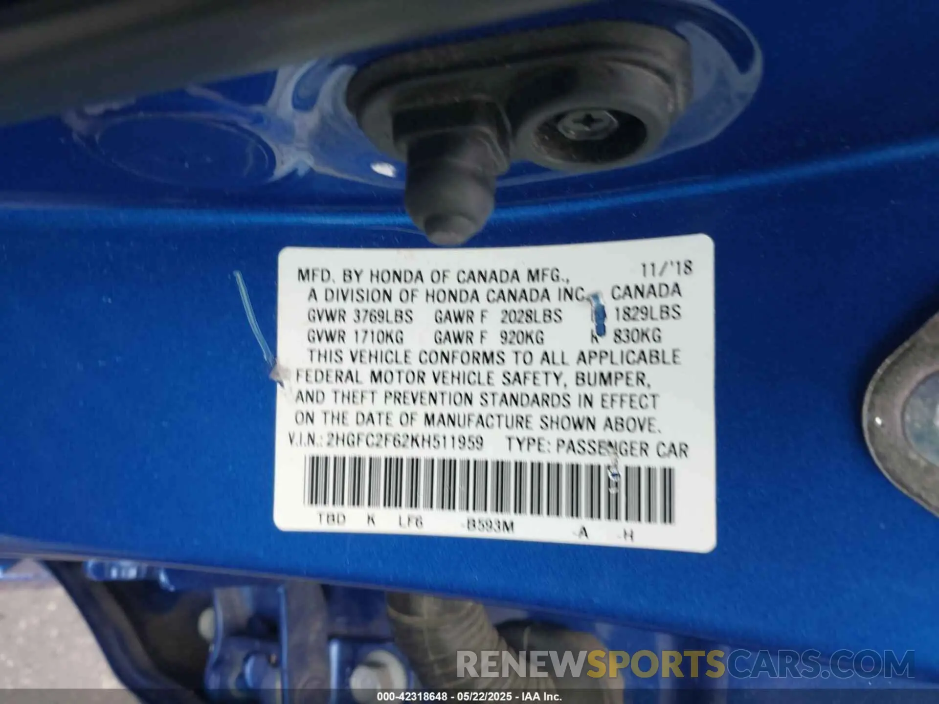 9 Photograph of a damaged car 2HGFC2F62KH511959 HONDA CIVIC 2019