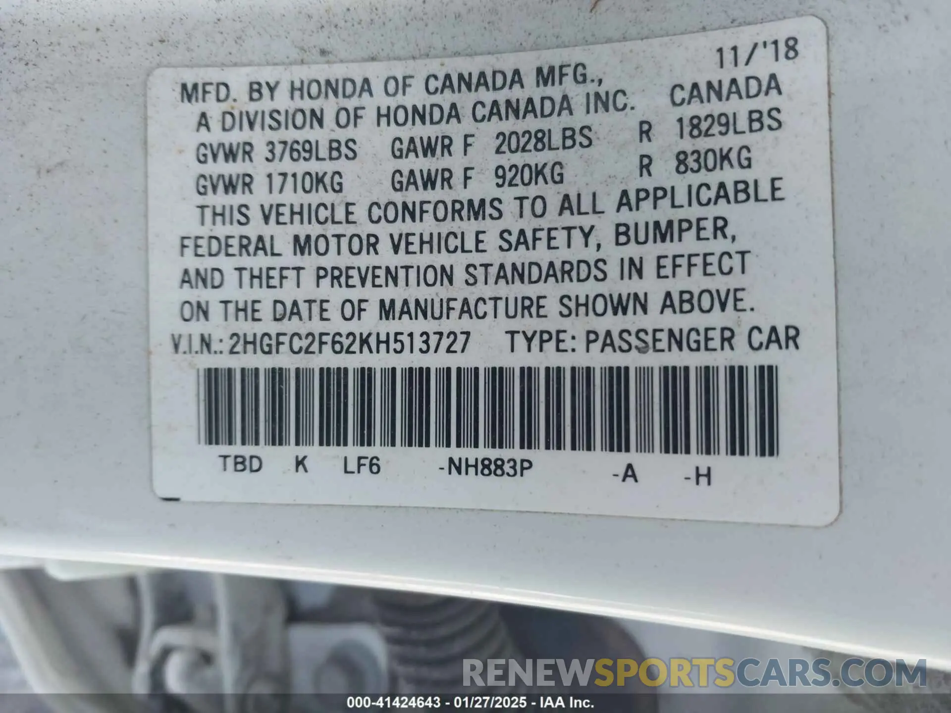 9 Photograph of a damaged car 2HGFC2F62KH513727 HONDA CIVIC 2019