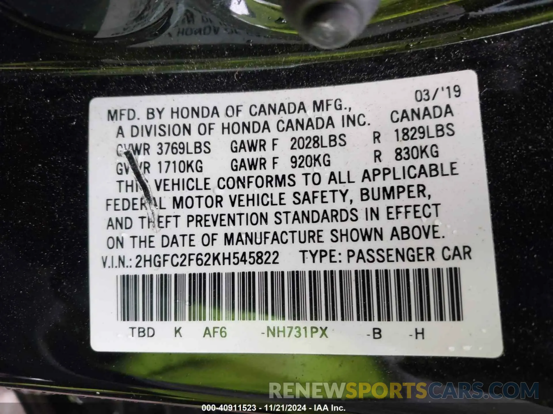 9 Photograph of a damaged car 2HGFC2F62KH545822 HONDA CIVIC 2019