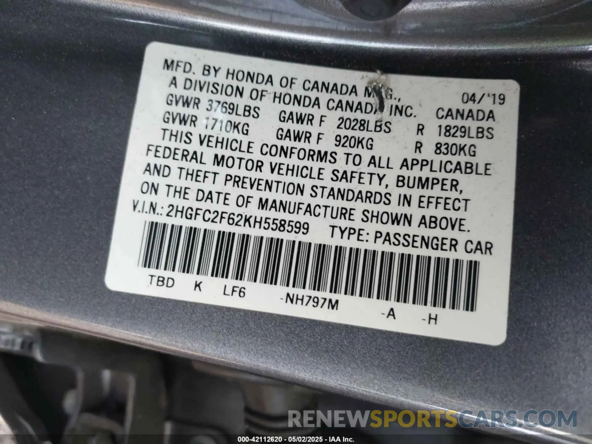 9 Photograph of a damaged car 2HGFC2F62KH558599 HONDA CIVIC 2019