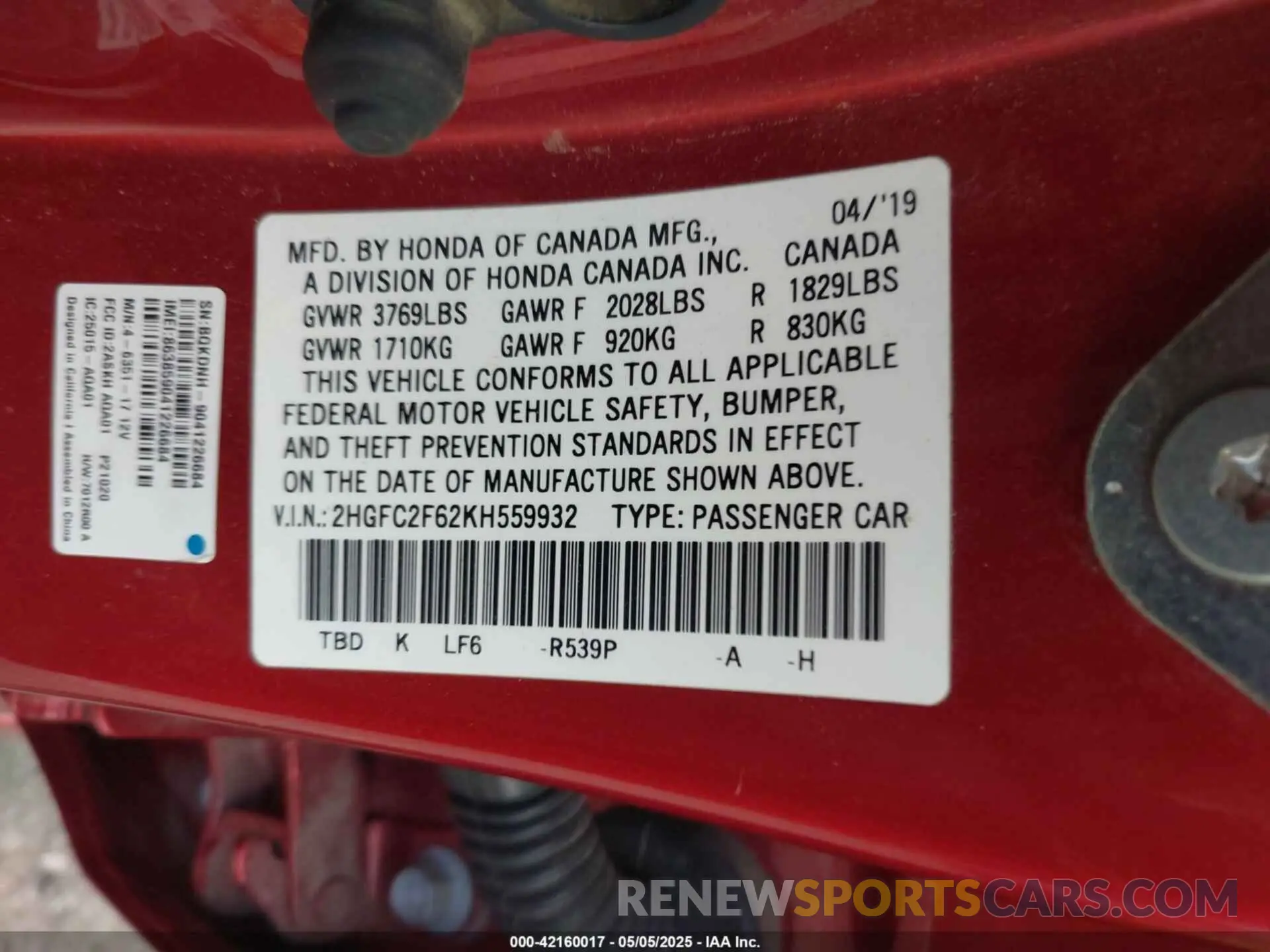 9 Photograph of a damaged car 2HGFC2F62KH559932 HONDA CIVIC 2019