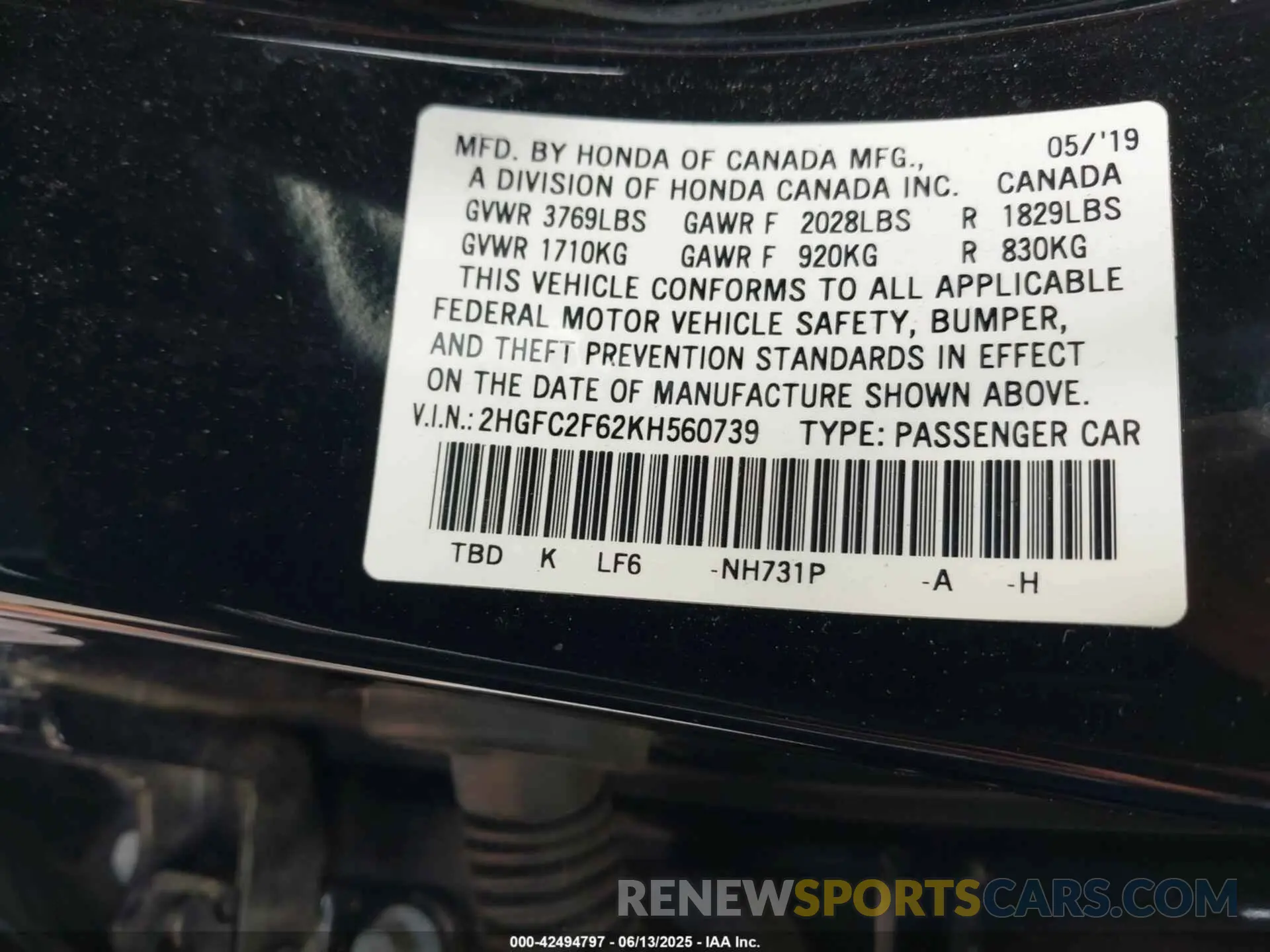 9 Photograph of a damaged car 2HGFC2F62KH560739 HONDA CIVIC 2019