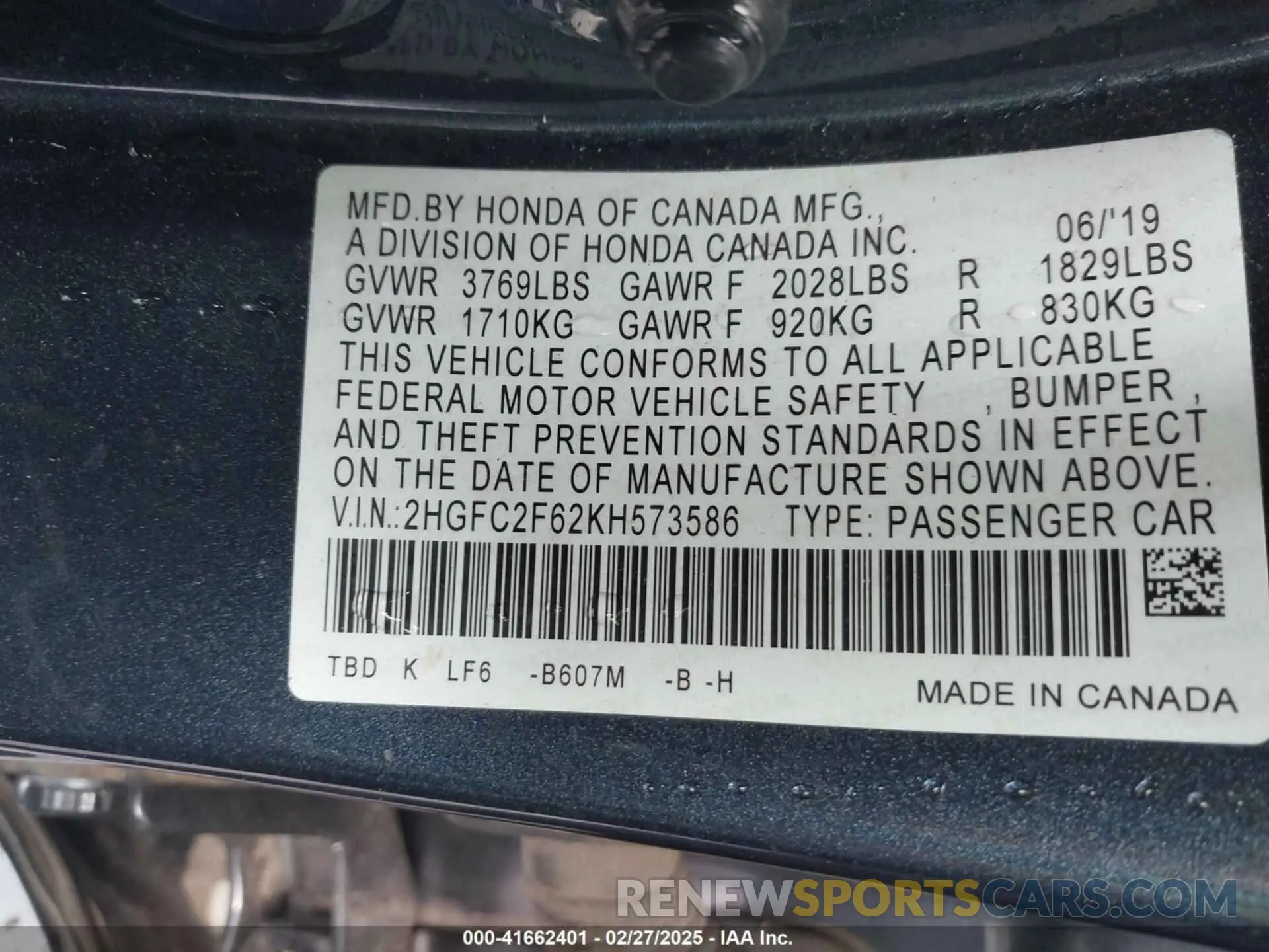 9 Photograph of a damaged car 2HGFC2F62KH573586 HONDA CIVIC 2019
