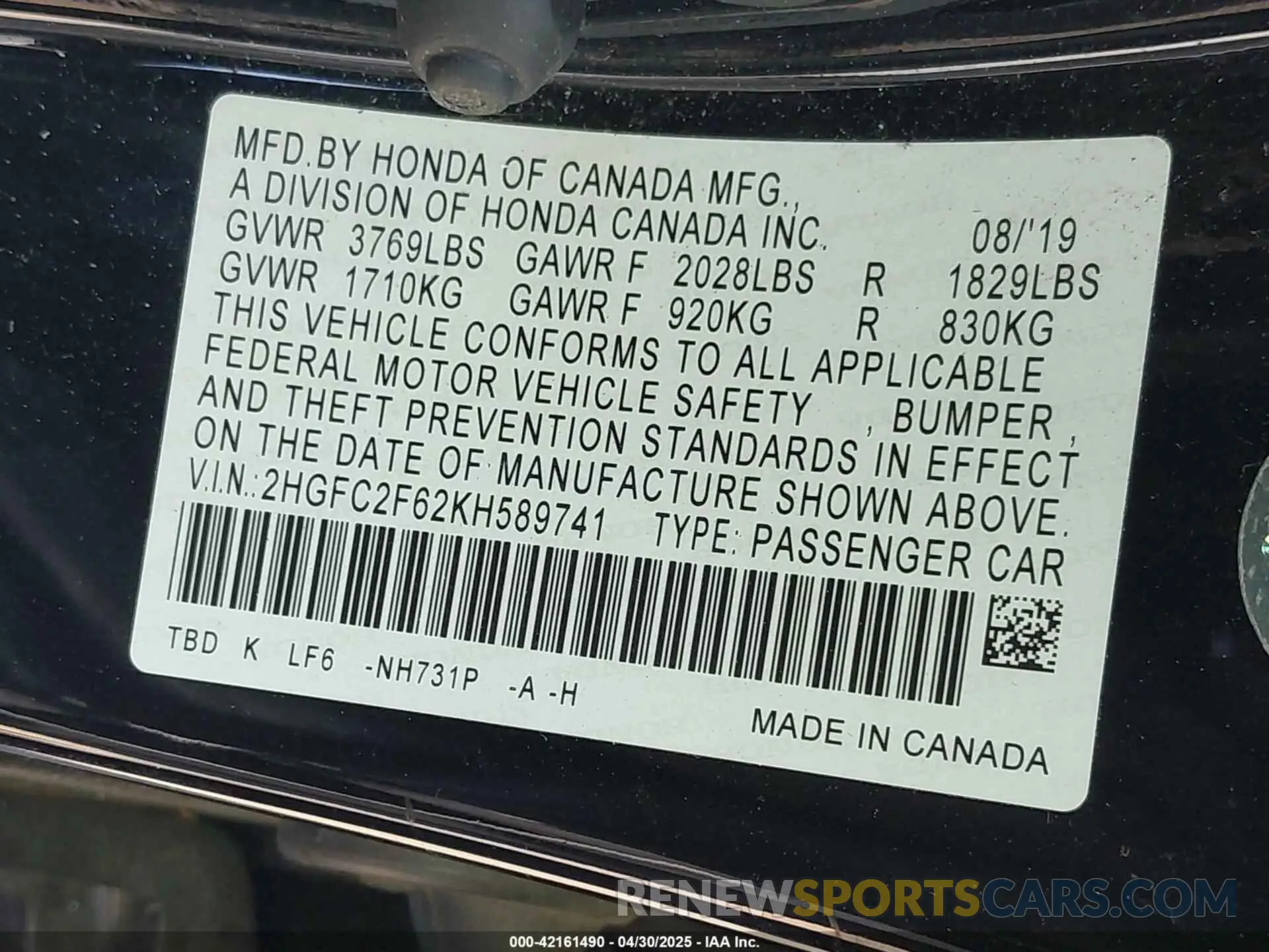 9 Photograph of a damaged car 2HGFC2F62KH589741 HONDA CIVIC 2019