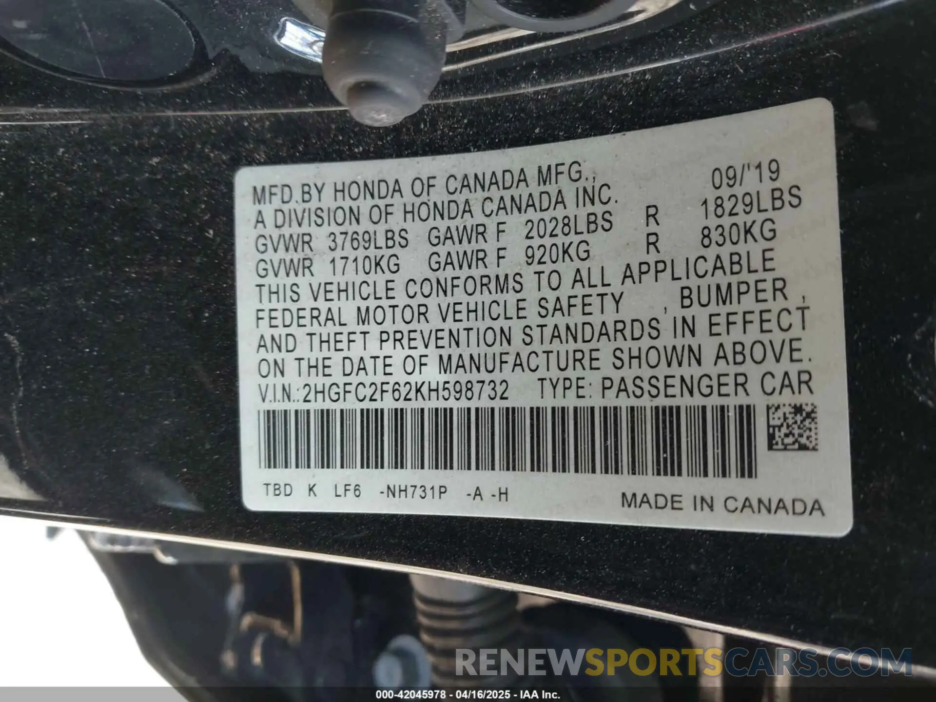 9 Photograph of a damaged car 2HGFC2F62KH598732 HONDA CIVIC 2019
