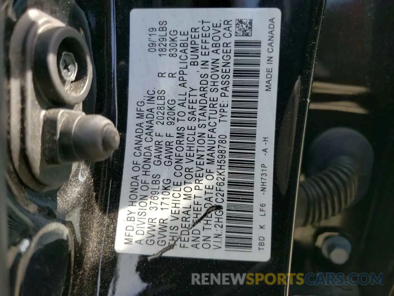 12 Photograph of a damaged car 2HGFC2F62KH598780 HONDA CIVIC 2019