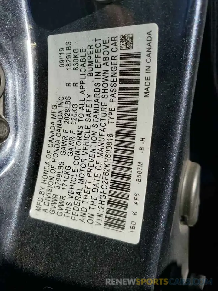 13 Photograph of a damaged car 2HGFC2F62KH600818 HONDA CIVIC 2019