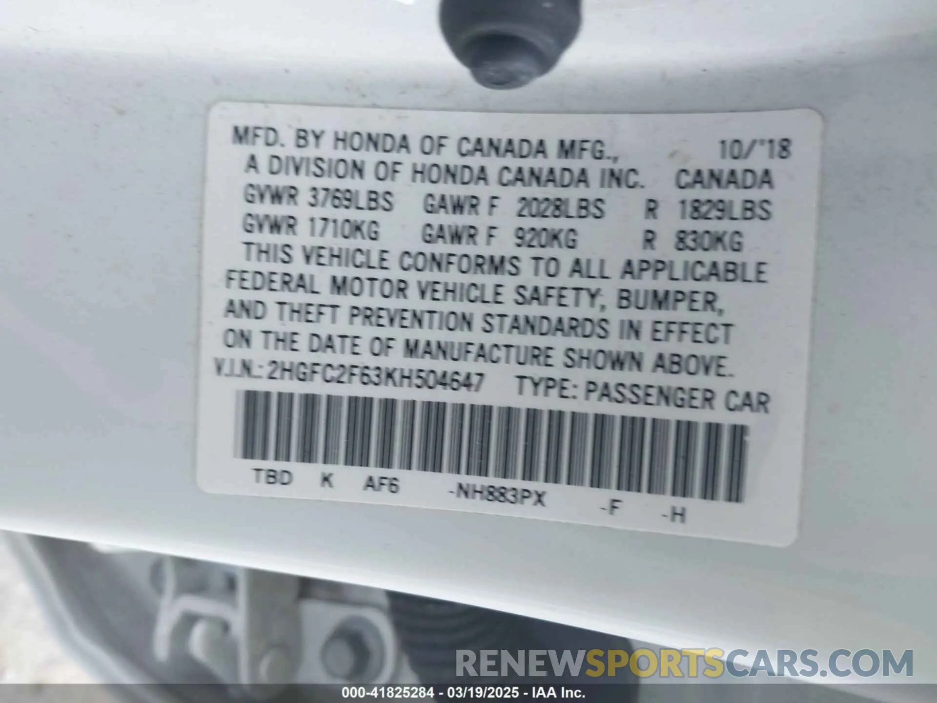 9 Photograph of a damaged car 2HGFC2F63KH504647 HONDA CIVIC 2019