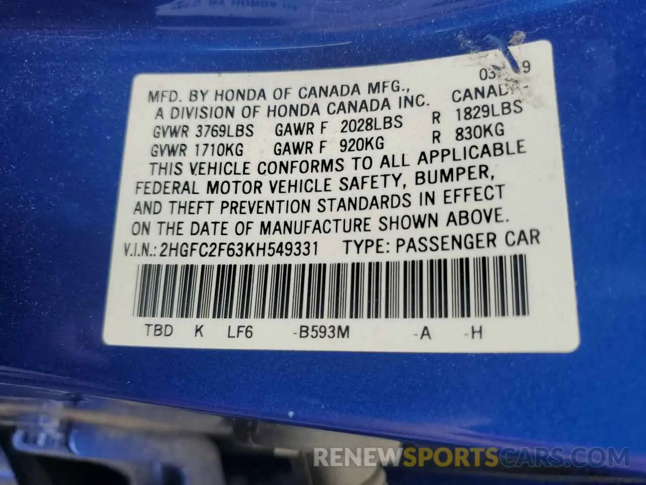 13 Photograph of a damaged car 2HGFC2F63KH549331 HONDA CIVIC 2019