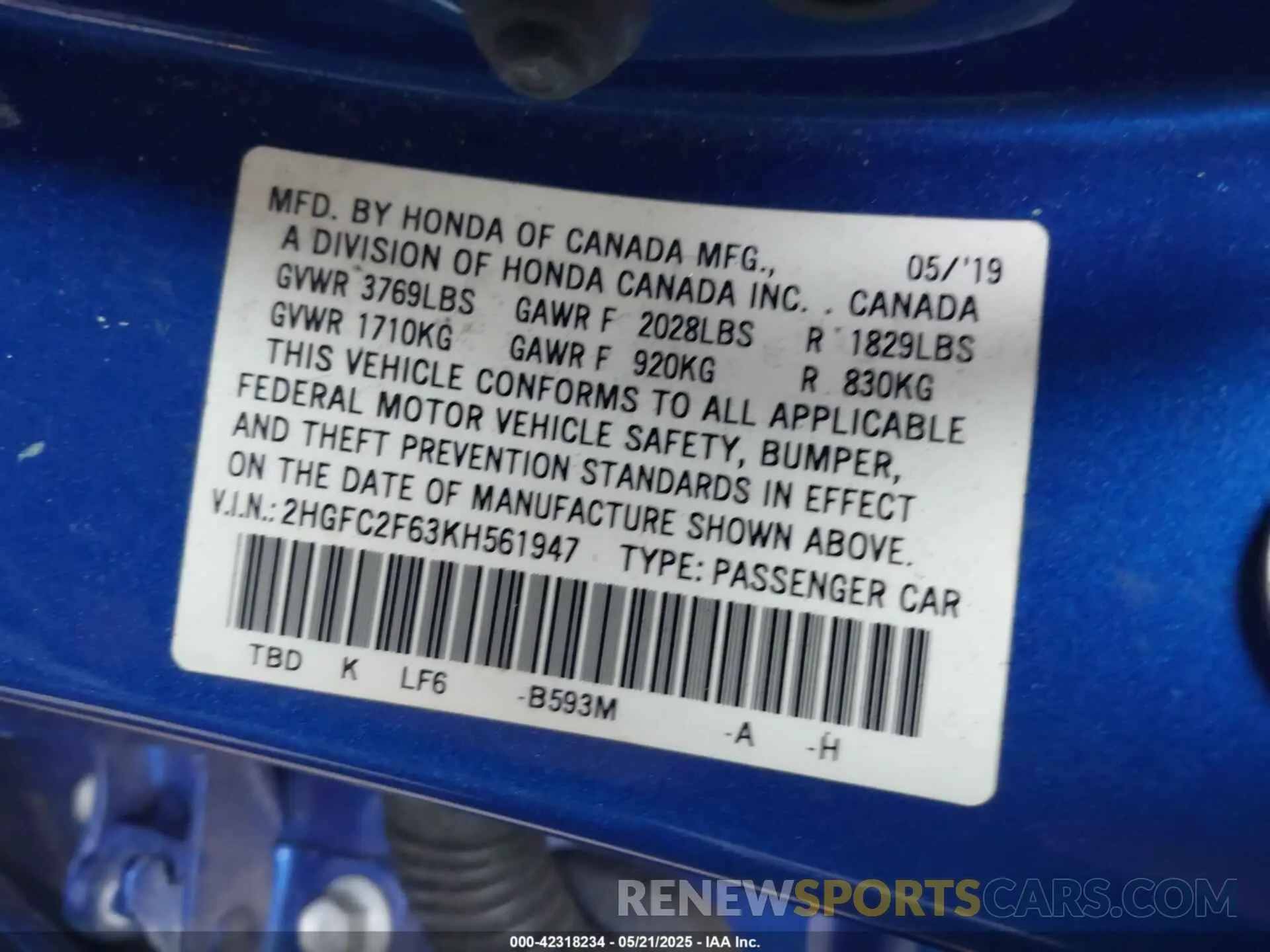 9 Photograph of a damaged car 2HGFC2F63KH561947 HONDA CIVIC 2019