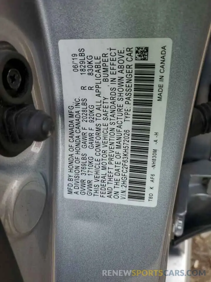 12 Photograph of a damaged car 2HGFC2F63KH572026 HONDA CIVIC 2019