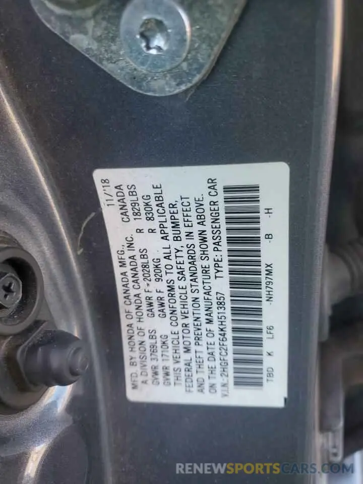 12 Photograph of a damaged car 2HGFC2F64KH513857 HONDA CIVIC 2019