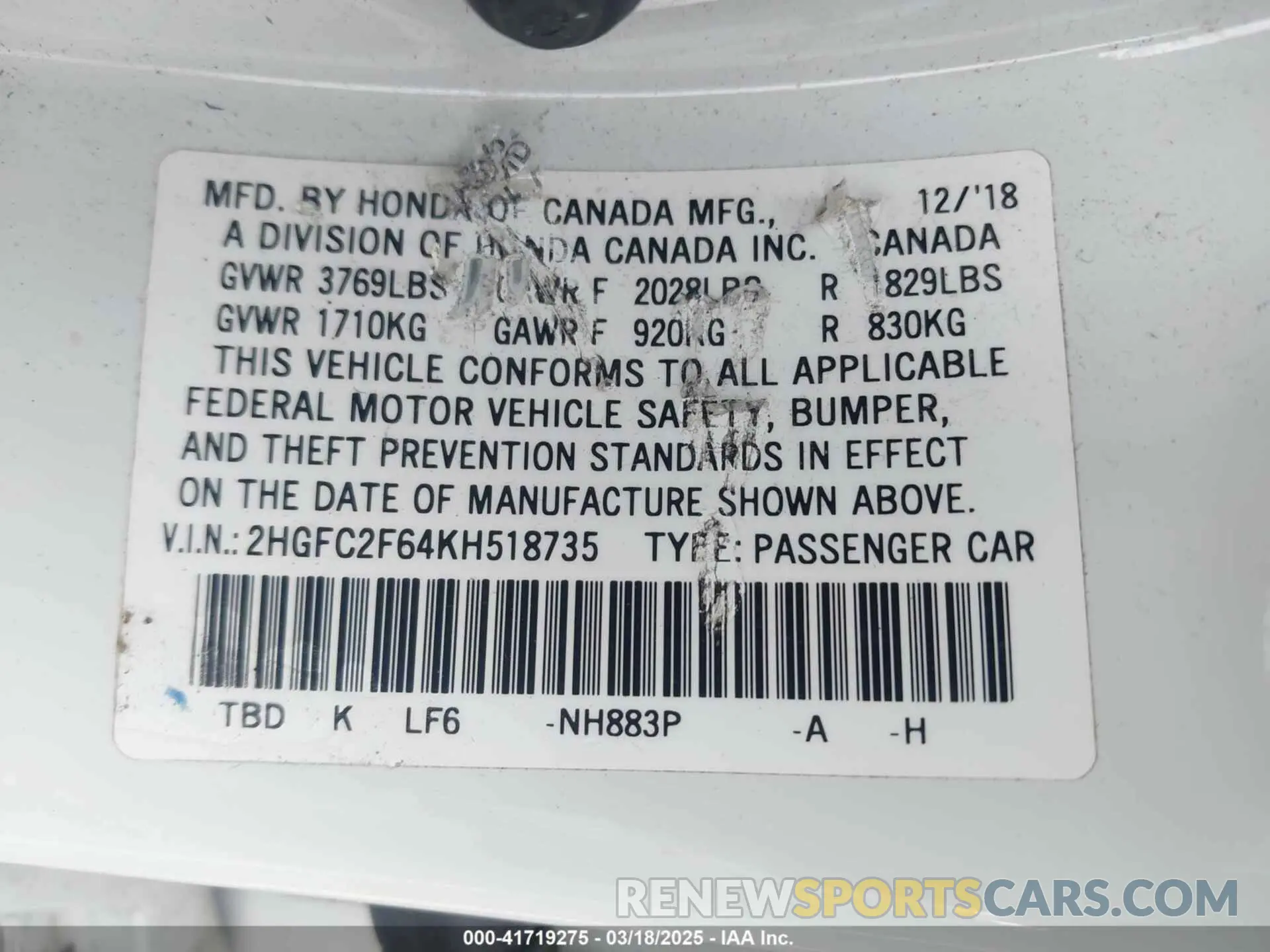 9 Photograph of a damaged car 2HGFC2F64KH518735 HONDA CIVIC 2019