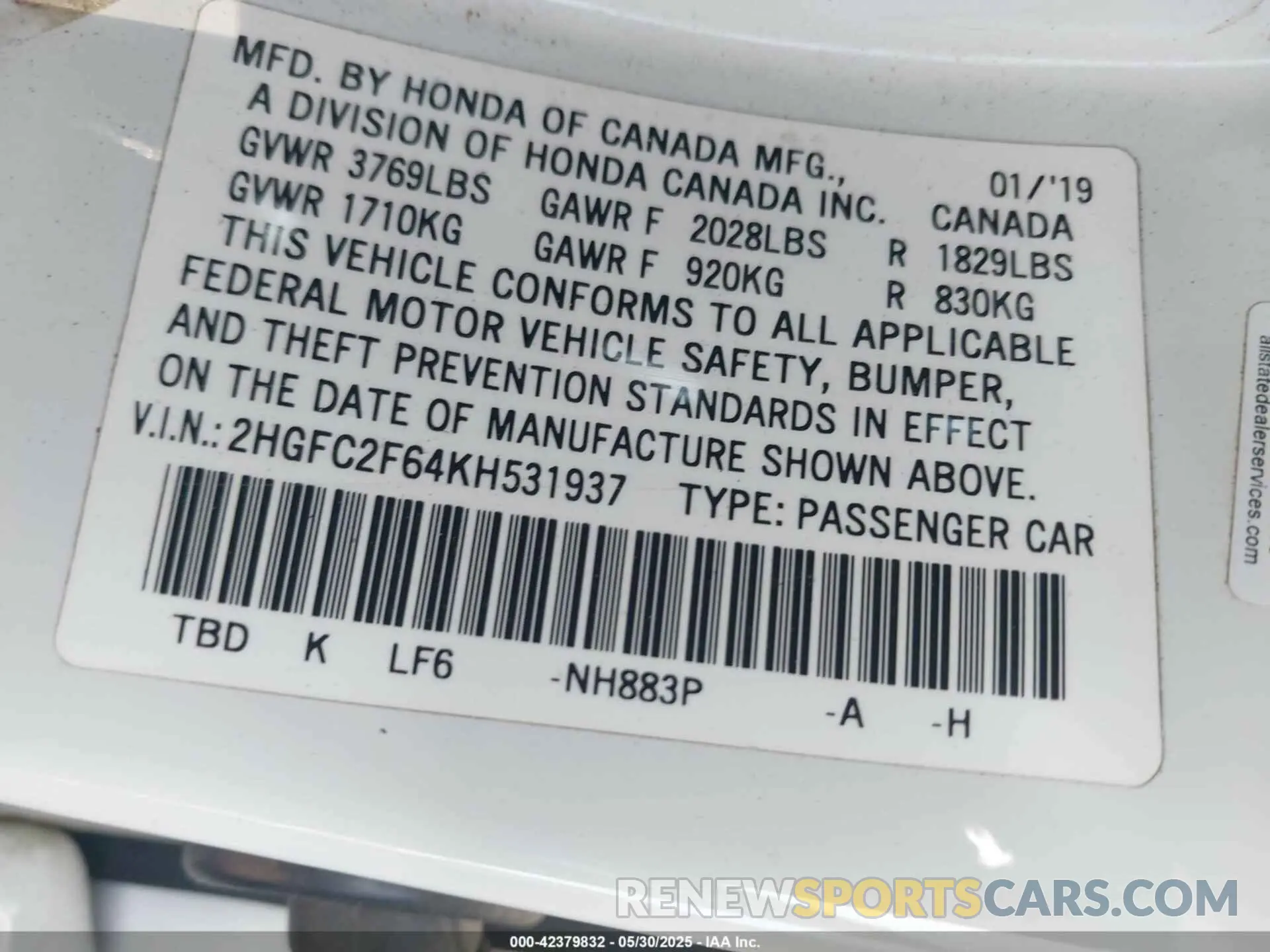 9 Photograph of a damaged car 2HGFC2F64KH531937 HONDA CIVIC 2019