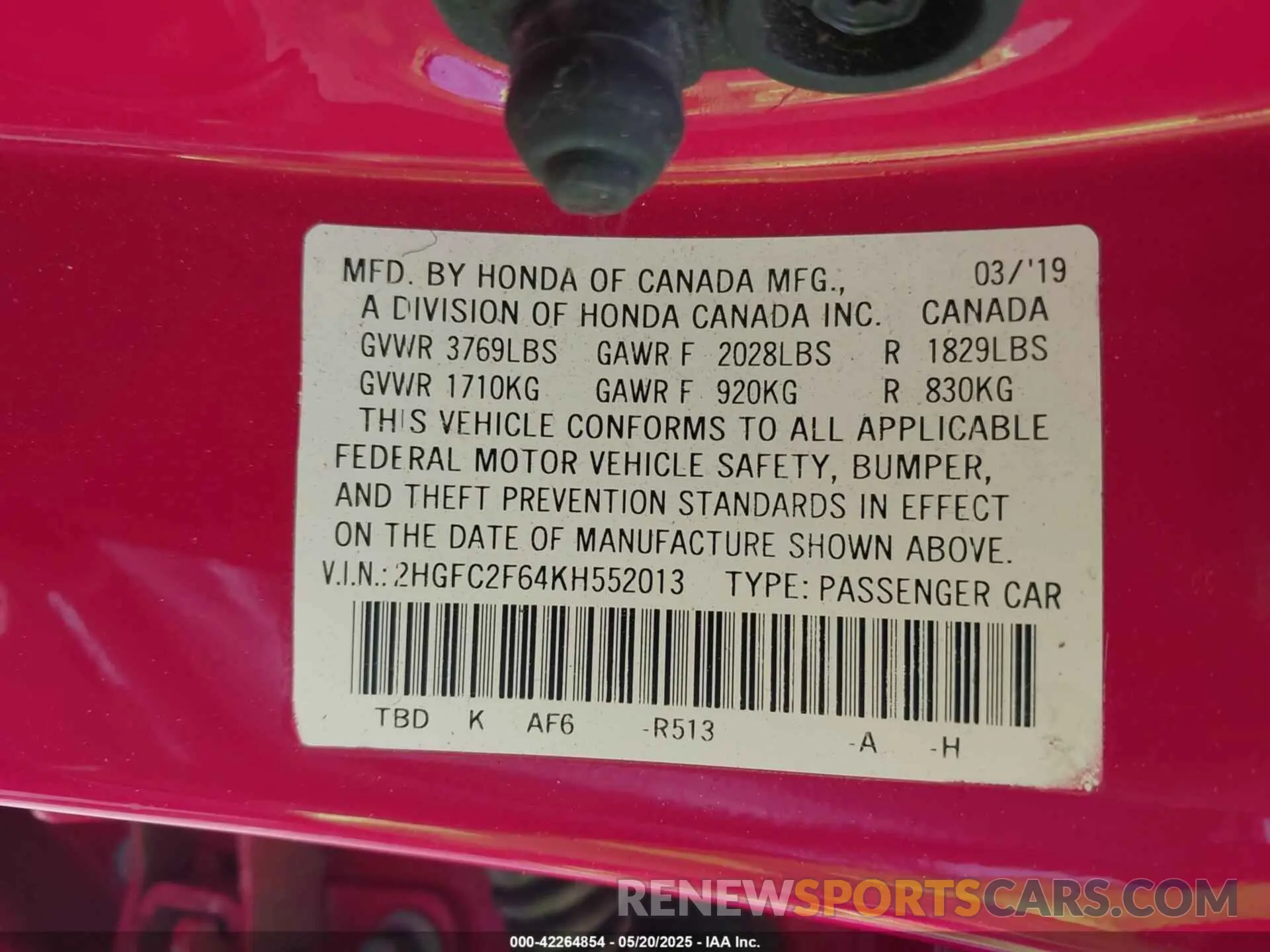 9 Photograph of a damaged car 2HGFC2F64KH552013 HONDA CIVIC 2019