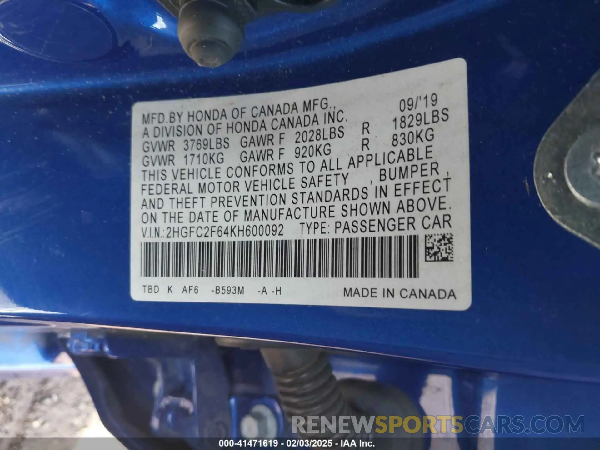 9 Photograph of a damaged car 2HGFC2F64KH600092 HONDA CIVIC 2019