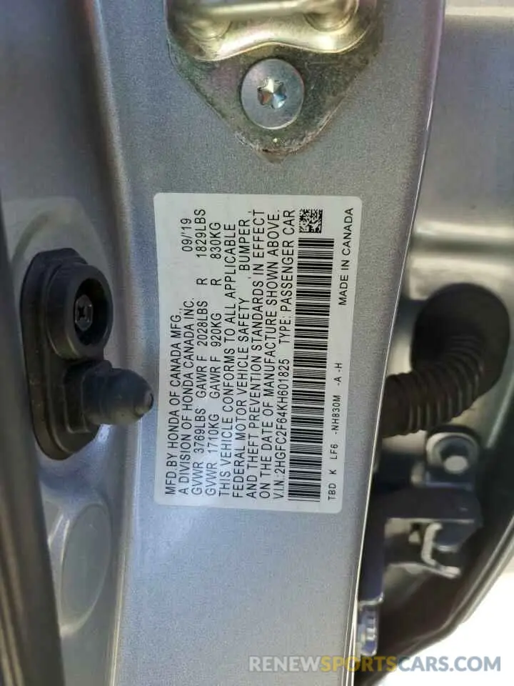 12 Photograph of a damaged car 2HGFC2F64KH601825 HONDA CIVIC 2019