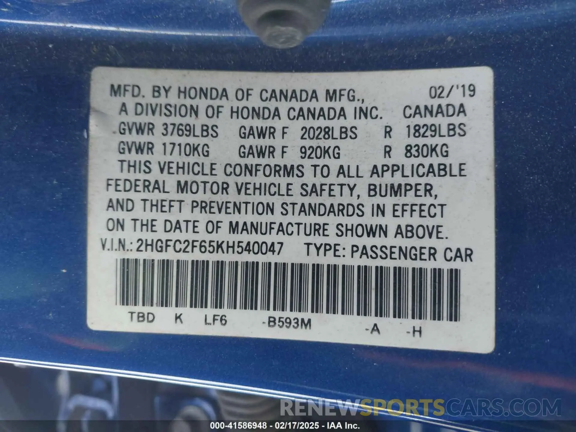 9 Photograph of a damaged car 2HGFC2F65KH540047 HONDA CIVIC 2019