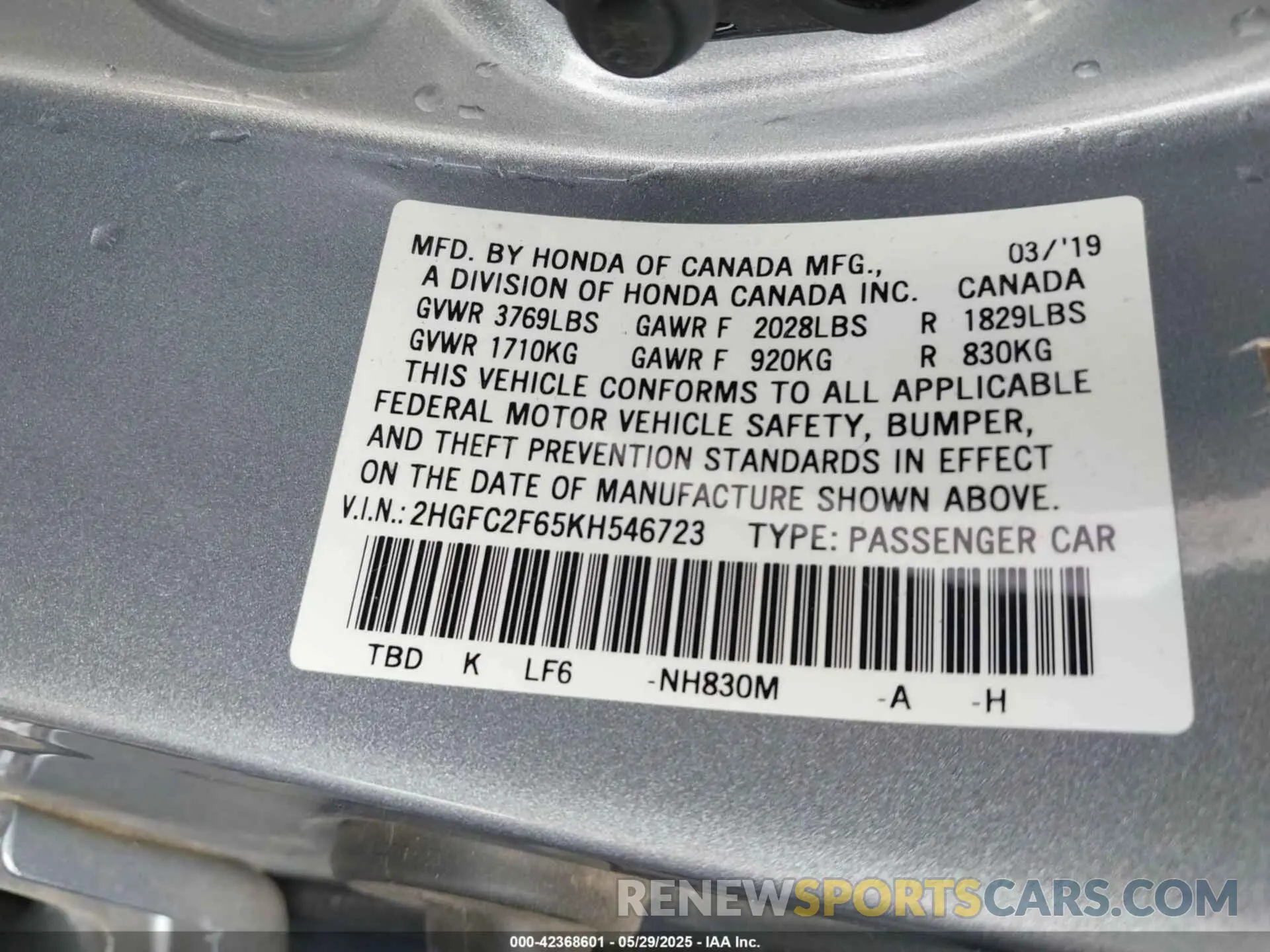 9 Photograph of a damaged car 2HGFC2F65KH546723 HONDA CIVIC 2019