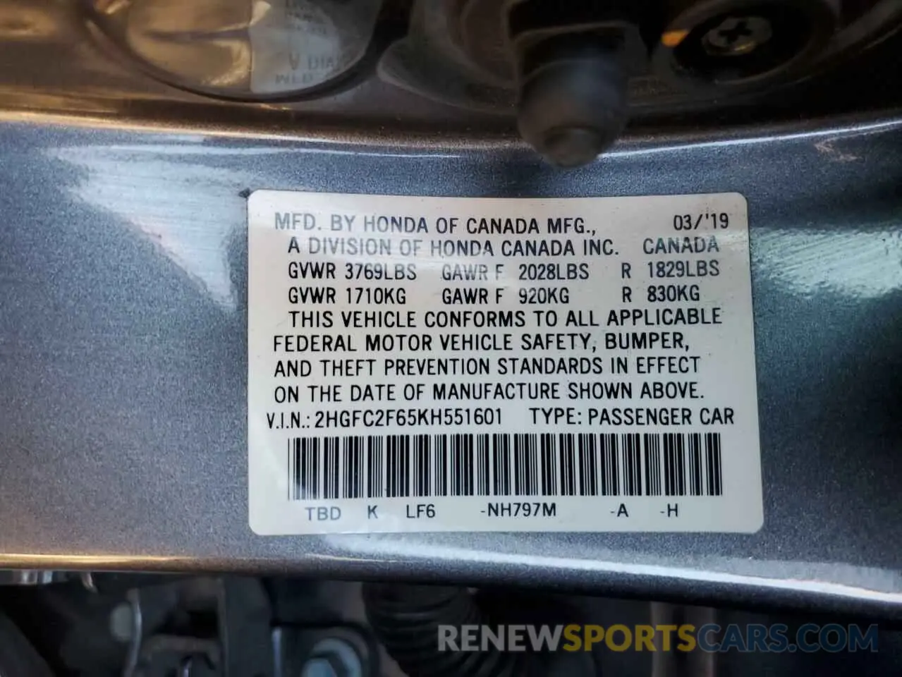 13 Photograph of a damaged car 2HGFC2F65KH551601 HONDA CIVIC 2019