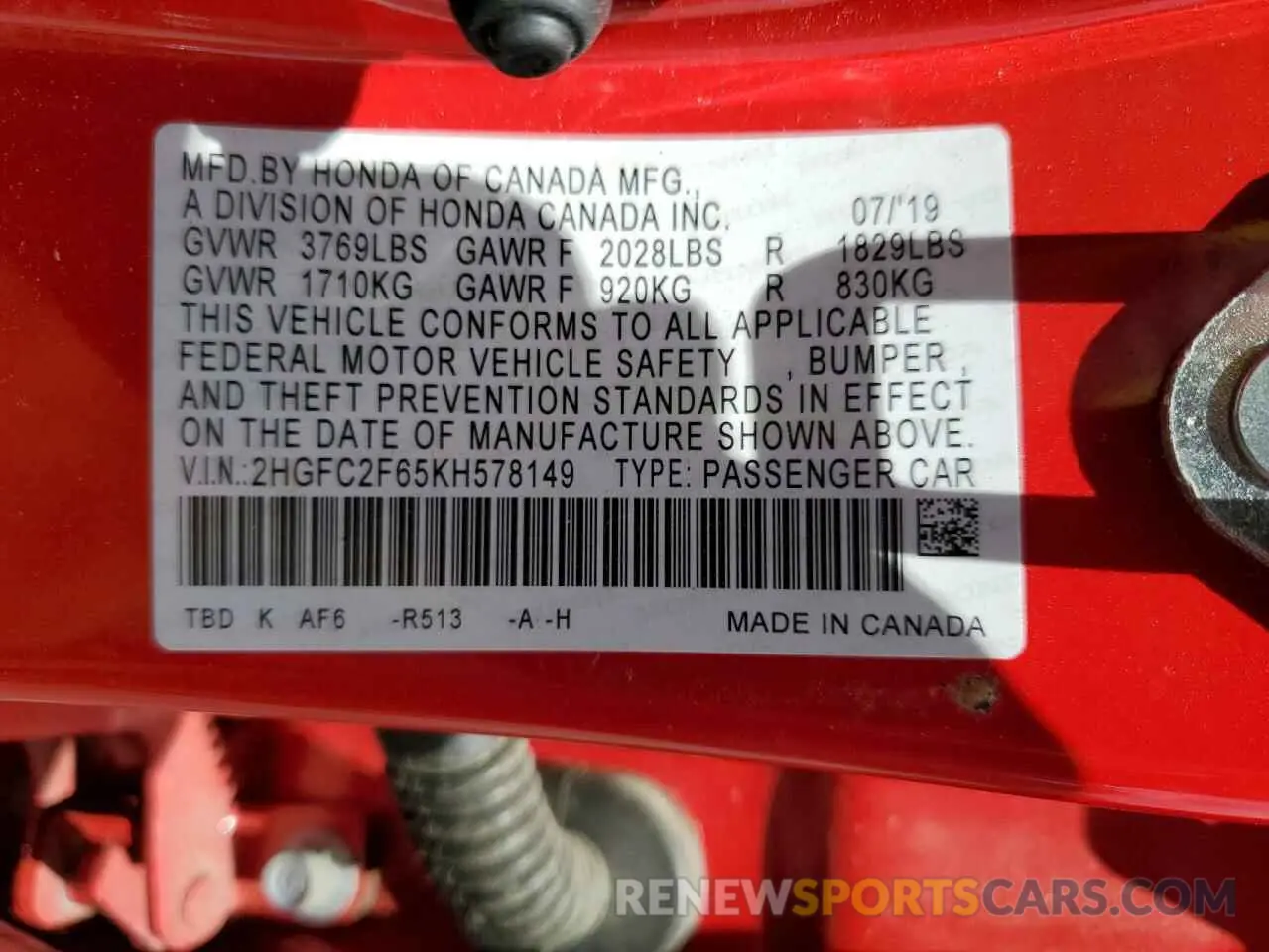 12 Photograph of a damaged car 2HGFC2F65KH578149 HONDA CIVIC 2019