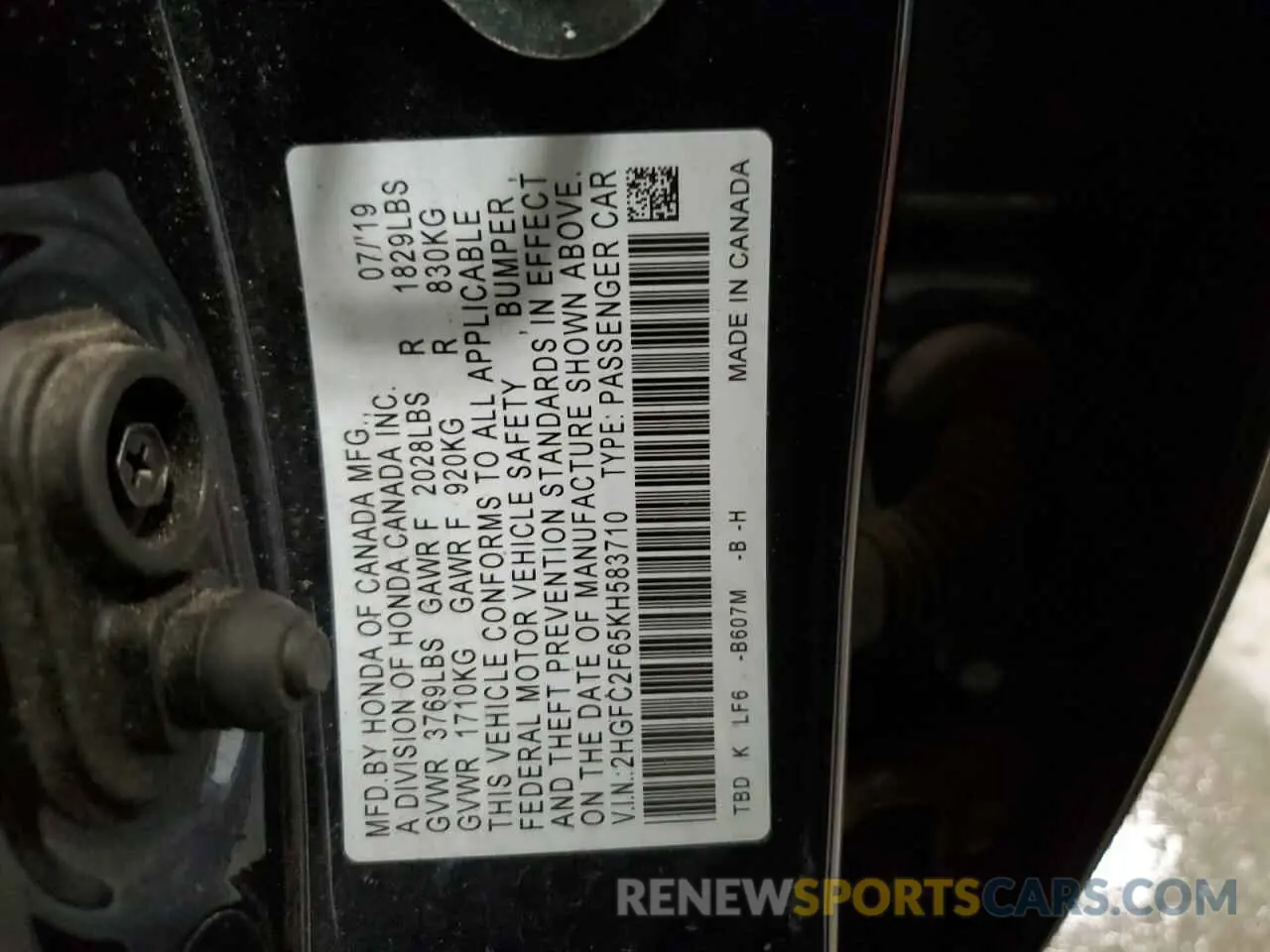 13 Photograph of a damaged car 2HGFC2F65KH583710 HONDA CIVIC 2019